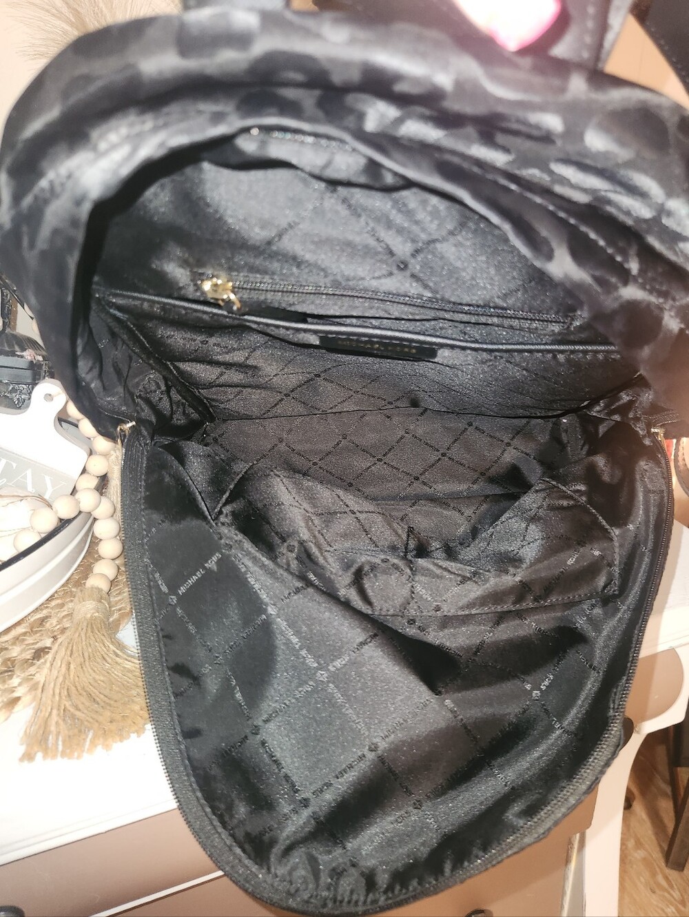 Michael Kors Black Satin Leopard-Print Backpack with Gold Hardware - Picture 5 of 6